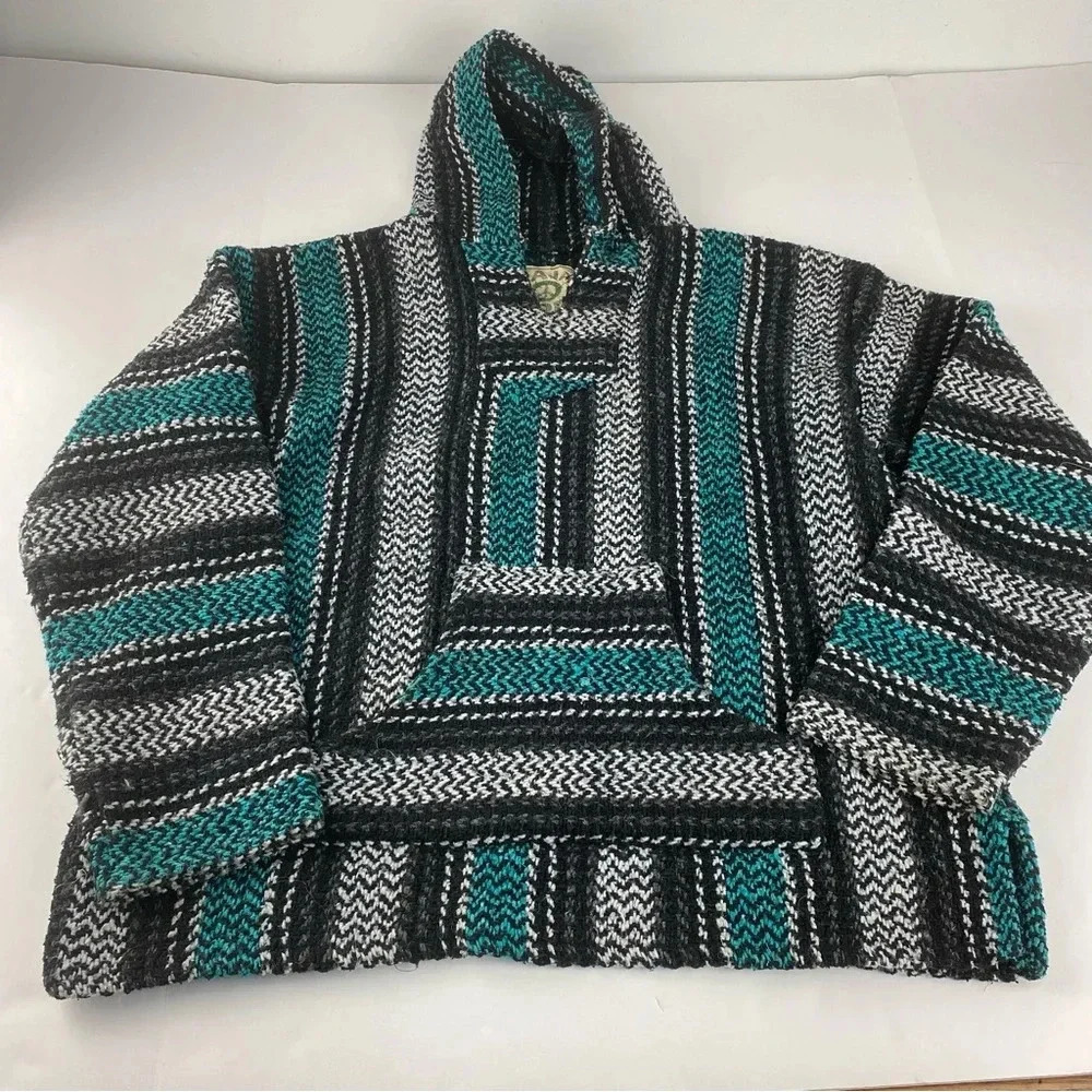 Baja Joe Mens Medium Hippie Drug Rug Pullover Hoodie Sweater Black and Teal/Aqua